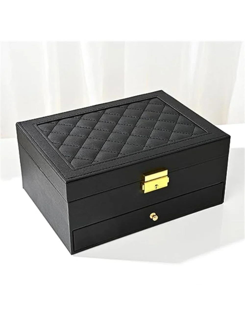 Large Black Jewelry Box Organizer Case Two Layer Storage Earrings Rings Necklace
